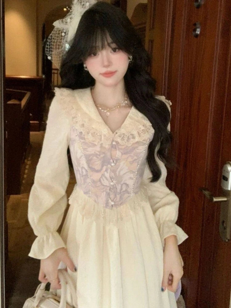 French Elegant Sweet Fashion Long Sleeve Dress Women Lace Design Retro Evening Dress Parisian Casual Lovely Chic Party Outfits