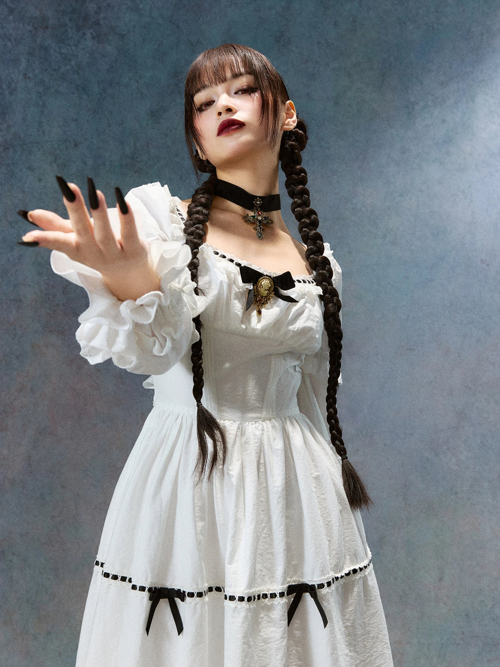 Gothica Parisian Fall White Maxi Dress Women Vintage Elegant Slim Lace Collar Long Sleeve French Halloween Dress