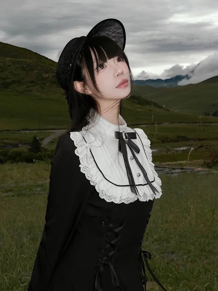 Japanese Y2K Patchwork Midi Dress Women Harajuku Gothic Lace Up Long Dress Female Sweet Lolita Bow Long Sleeve Chic Vestidos New