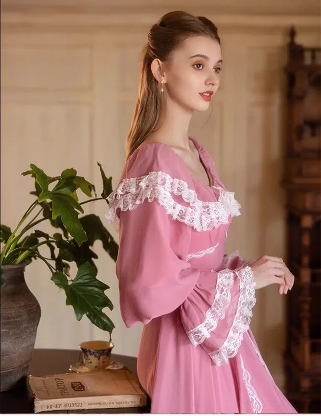 Parisian Maxi Dresses For Women Vintage Elegant Slim Sexy Lace V-Neck Long Lantern Sleeve Princess Dresses