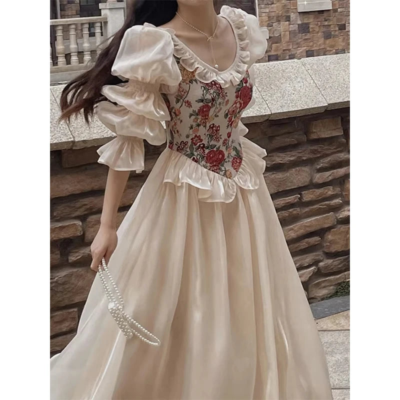 The Trianon Fairy Midi | Vintage Floral Puff Sleeve Prom Dress | Elegant Luxury Print Summer Gown | Parisian Princess