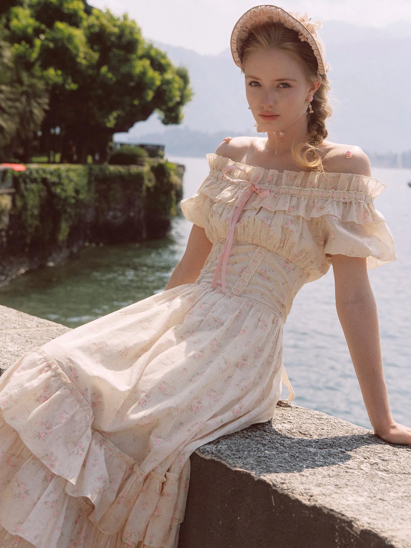 The Parisian Cotton Summer Garden Gown | Vintage Empire Waist Cotton Maxi | Slash Neck Puff Sleeve Ruffle Dress