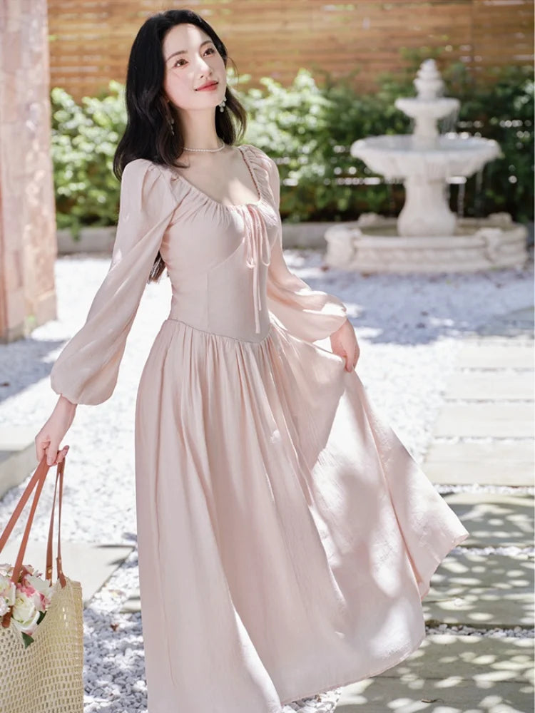 Parisian Cottagecore Vintage Romantic Pink Fairy Dress Woman Retro Victorian Style Solid Square Collar Classic Lady Dresses For Formal Occasion