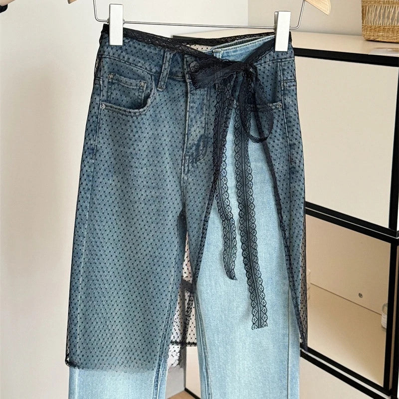 Lace-up Lace Side Half-body Skirt Short Sash Curtain Apron Girls Sweet Jeans Casual Pants Accessories Skirt