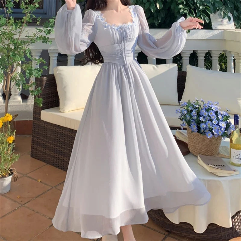 Parisian Cottagecore Woman Dress Vintage Romantic Solid Chiffon Lantern Sleeve Fairy Princess Dresses For Date Party Night Faldas