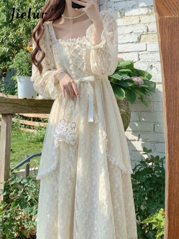 French Vintage Dress Women Summer Long Sleeve Elegant Party Midi Dress Female Casual Retro One Piece Dress Casual