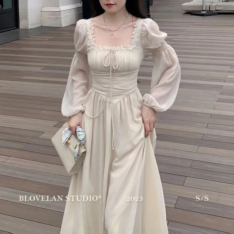 Sweet Sexy Chiffon Dress Women Fashion Slim Elegant French Dress Breathable Long Sleeve Beach Hoiliday Party Vestidos