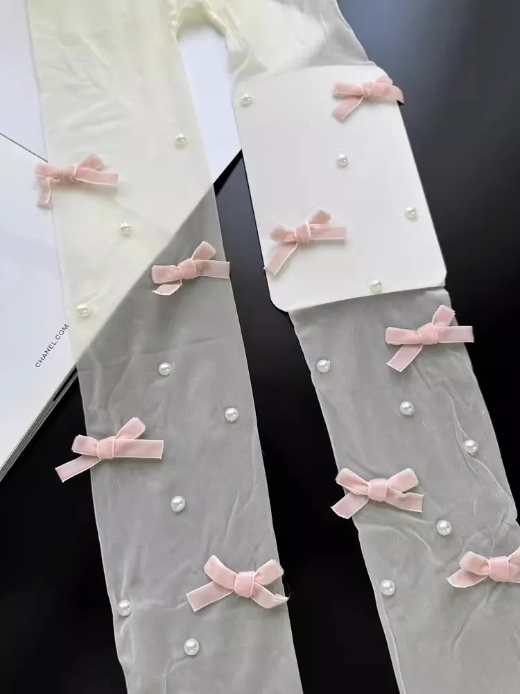 Lolita Pink Velvet Bow Embroidery Pearl Tights Pantyhose Fashion Women Tights JK Lolita Styles Sweet Girls Kawaii Cute Stocking