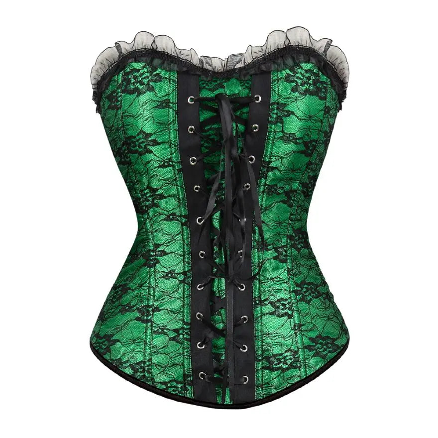 Sexy Lace Overbust Corset Top Women Vintage Satin Bow Bustier Lingerie With Zipper Plus Size Body Shaper Burlesque Corsets