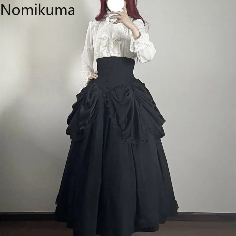 The Tuileries Big Swing Skirt | French Lolita High-Waist Maxi | Patchwork Lace Ankle-Length Saia | Parisian Princess