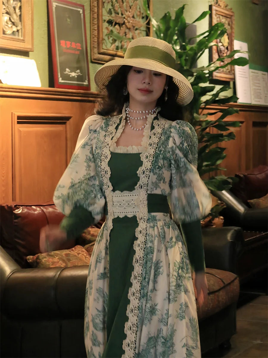 Parisian Original Design Women French Vintage Green Story Print Lacy Trimmings Cotton Dresses