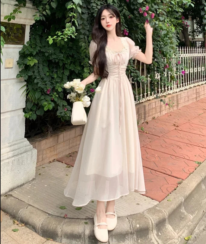 Parisian Cottagecore Woman Dress Vintage Romantic Solid Chiffon Lantern Sleeve Fairy Princess Dresses For Date Party Night Faldas