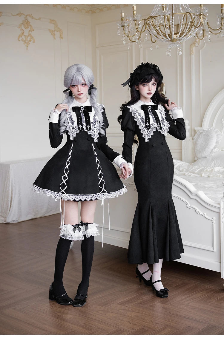 Original French Elegant Court Black Long Mermaid Dresses Op Autumn New Women's Slim Fit Lolita Long Sleeve Dress Gothic Dresses