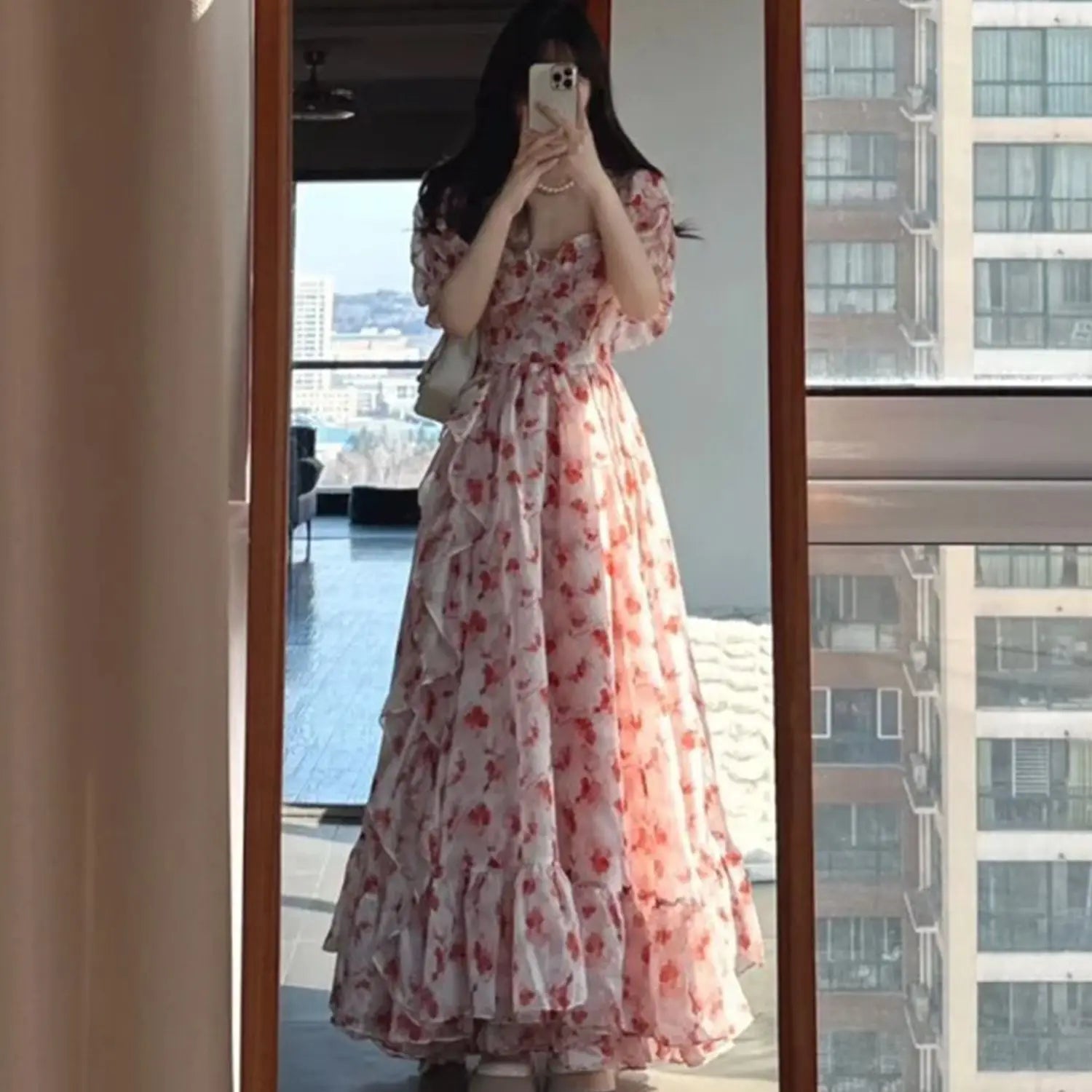 Parisian French Pink Floral Off-shoulder Dress Atmosphere Sense Vacation Style Tea Break Long Skirt Princess Dress