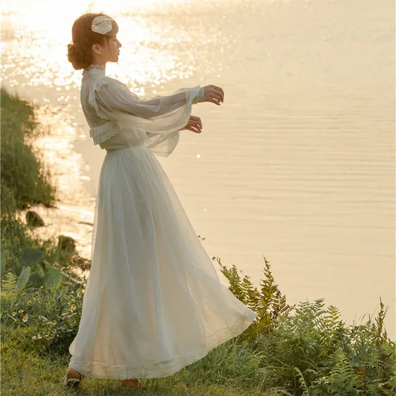 Fairy Woman Chic Romantic Lace Lantern Sleeve Retro Princess Dresses Vestido Festa Faldas Vintage Cottage Chiffon Gatsby Dress