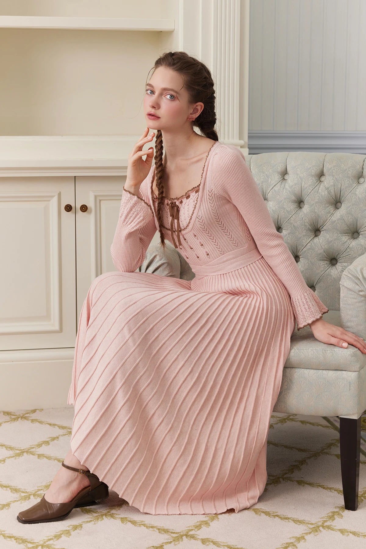 76-88cmBust FallWinter Long Pleated Dress Women Vintage ElegantSlim Embroidery Square Neck Flare Sleeve 100%Cotton Knitted Dress