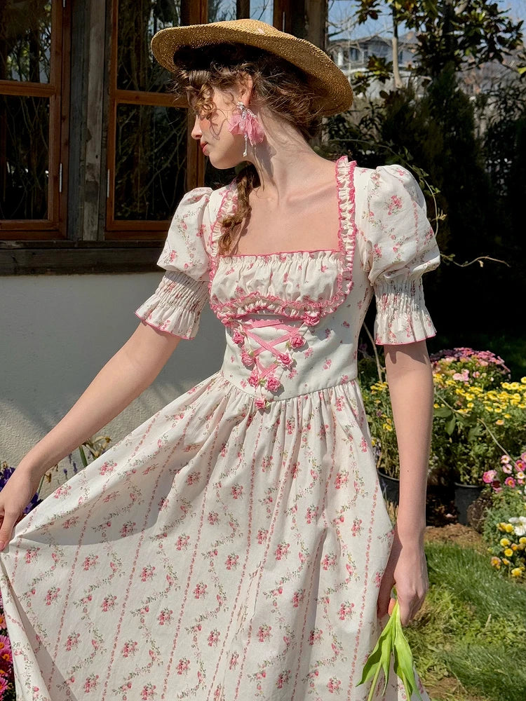 The Giverny Floral Cotton Gown | Square Neck Puff Sleeve Midi | French Countryside Prairie Dress | Parisian Princess