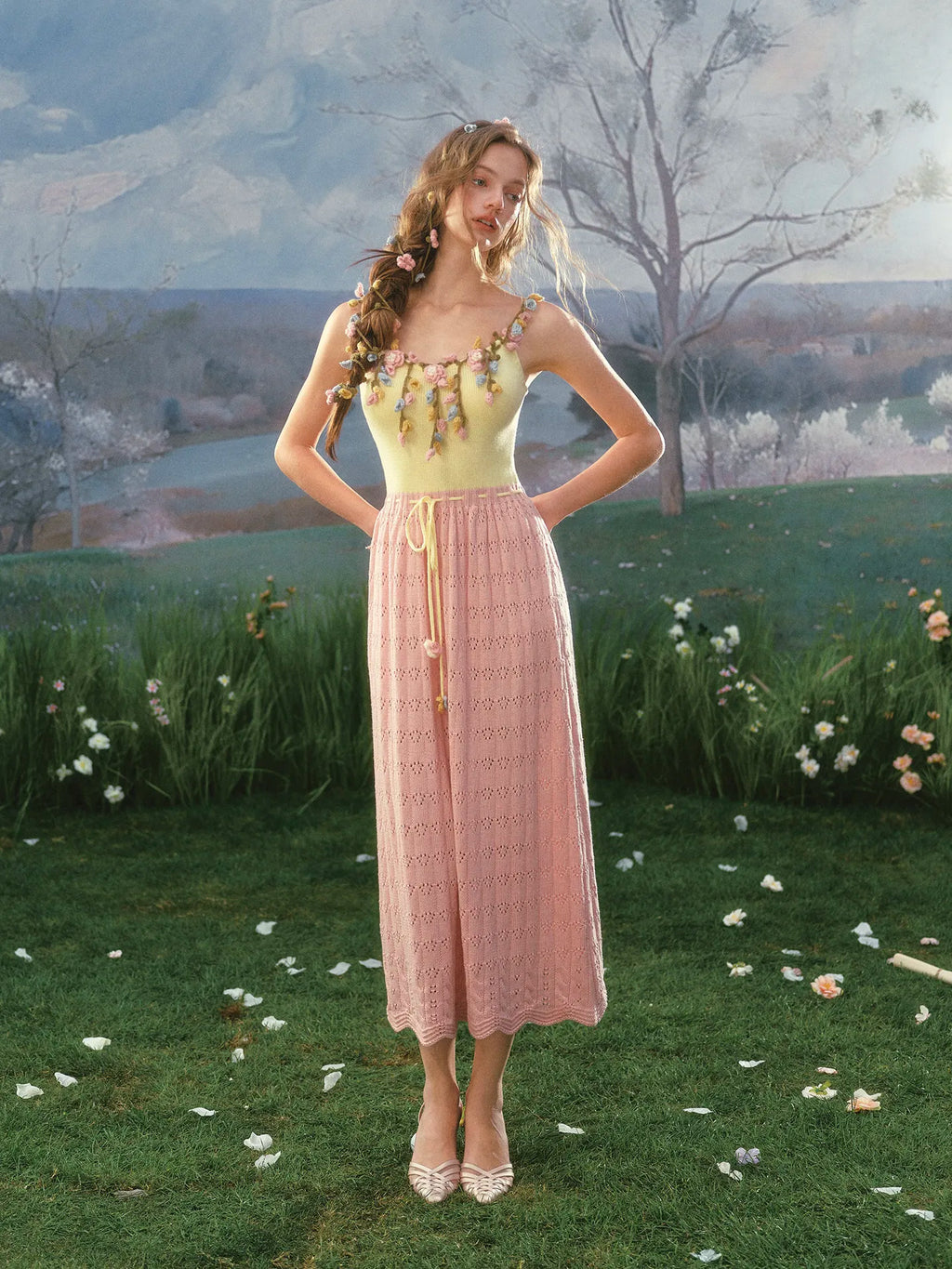 The French Pastoral Crochet Gown | Elegant Handmade Knitted Long Dress | Luxury Floral Fit &amp; Flare Midi | Parisian Princess