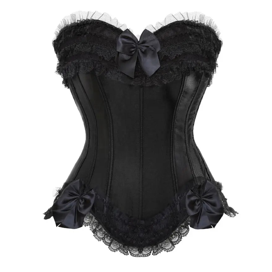 Sexy Lace Overbust Corset Top Women Vintage Satin Bow Bustier Lingerie With Zipper Plus Size Body Shaper Burlesque Corsets