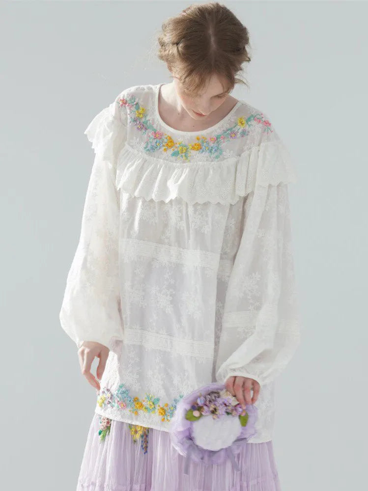 The Summer Floral Breeze Blouse | 100% Cotton Oversized White Top | Handmade 3D Embroidered Loose Lace Top | Parisian Princess