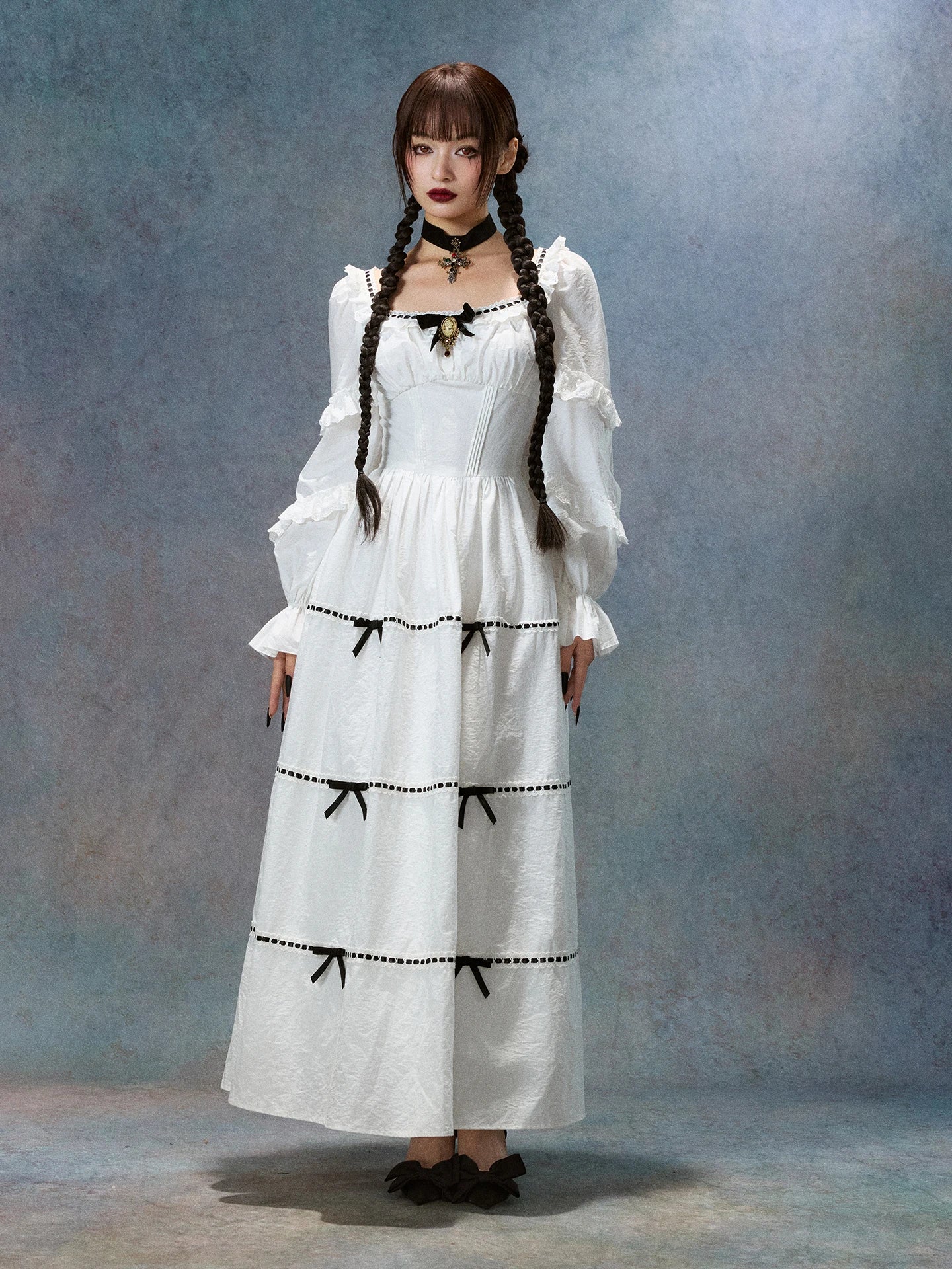 Gothica Parisian Fall White Maxi Dress Women Vintage Elegant Slim Lace Collar Long Sleeve French Halloween Dress