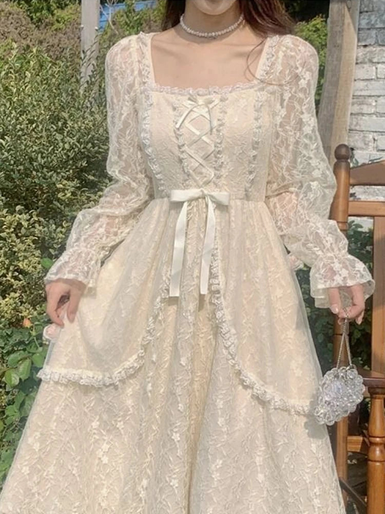 French Vintage Dress Women Summer Long Sleeve Elegant Party Midi Dress Female Casual Retro One Piece Dress Casual