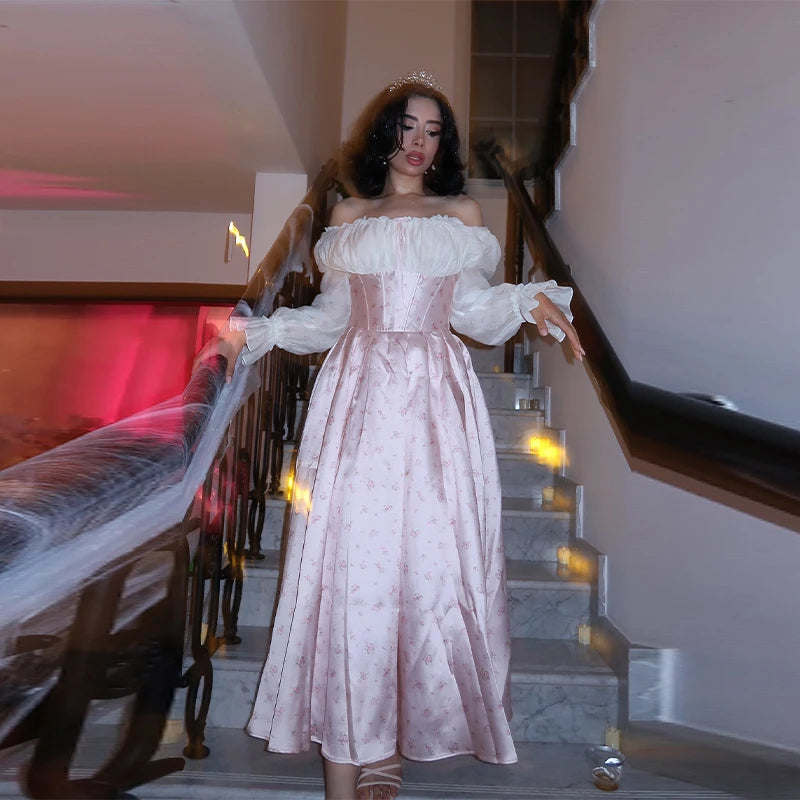 Elegant Sweet Pink Floral Print Princess Dress Off-shoulder Long Sleeve Ankle Length Prom Gown 2025 NEW Patchwork Fishbone Dress