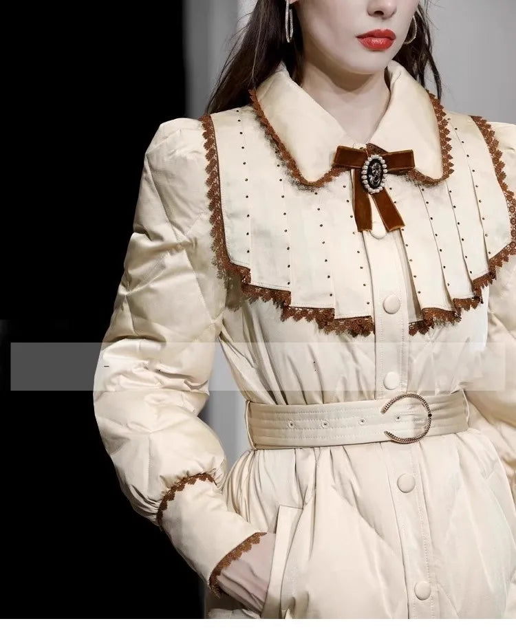 The Grand Trianon Gown Coat | Parisian Longline Bow-Waist Puffer | Elegant Doll Collar Lace-Up Down Jacket | Parisian Princess
