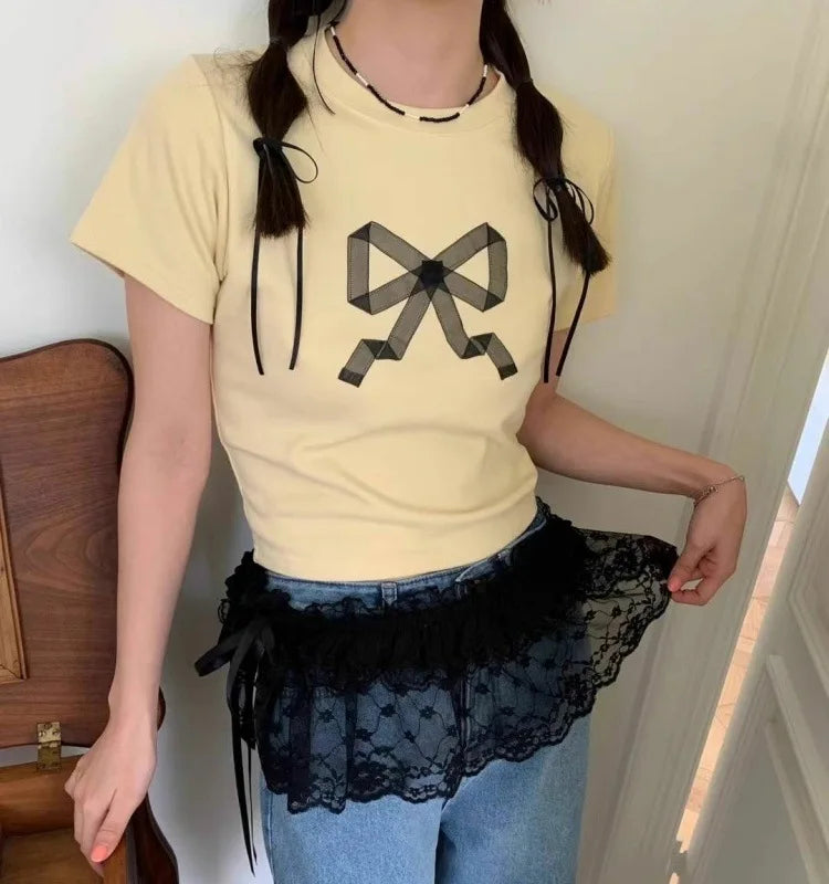 Lace-up Lace Side Half-body Skirt Short Sash Curtain Apron Girls Sweet Jeans Casual Pants Accessories Skirt