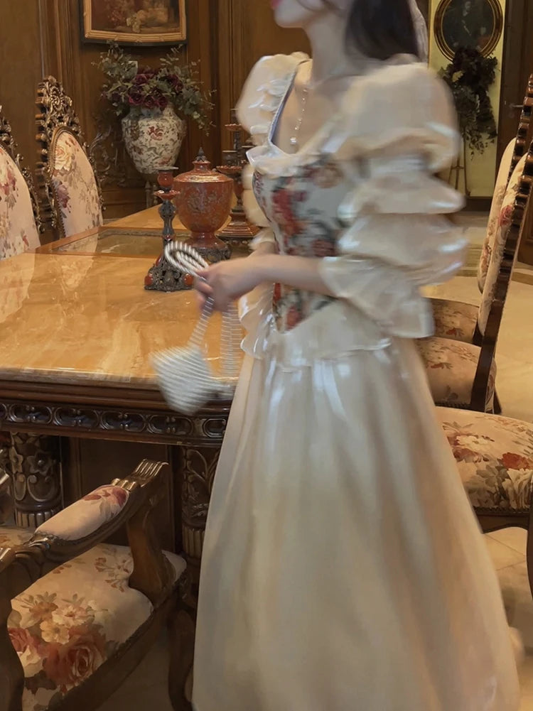 The Trianon Fairy Midi | Vintage Floral Puff Sleeve Prom Dress | Elegant Luxury Print Summer Gown | Parisian Princess