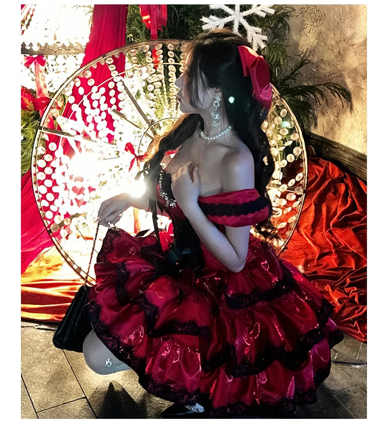 Princess Romantic Date Anniversary Wedding Party Pink Dress Girls Women's Sweet Lolita Halter Off-Shoulder Ball Gown Dresses