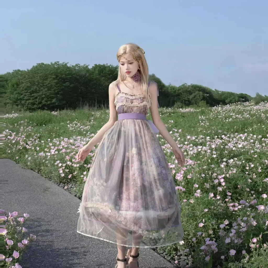 The Lavender Fields Oil Painting Bow Gown: A Parisian Masterpiece | Original Art Print Dress | Parisian Princess