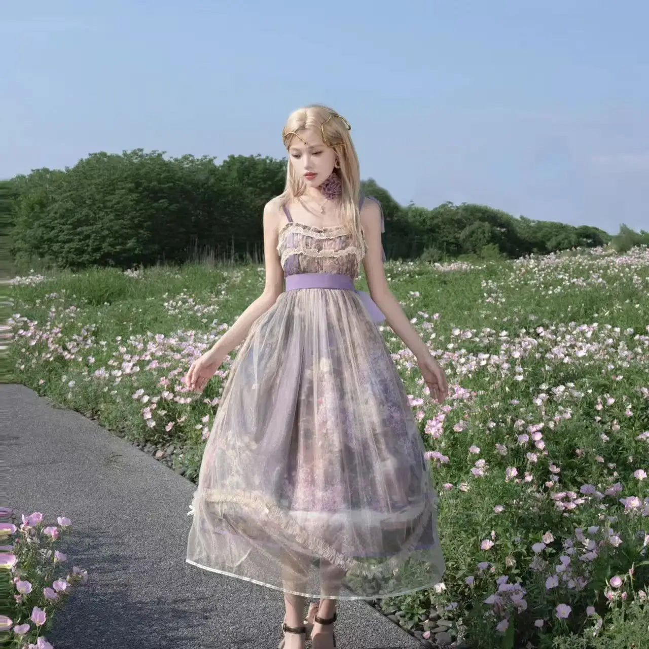 The Lavender Fields Oil Painting Bow Gown: A Parisian Masterpiece | Original Art Print Dress | Parisian Princess