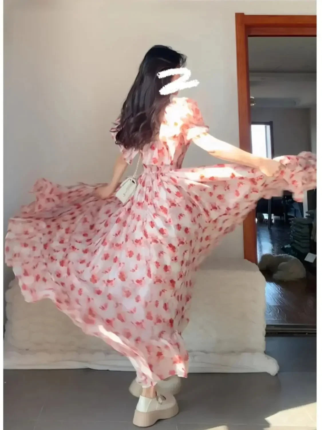 Parisian French Pink Floral Off-shoulder Dress Atmosphere Sense Vacation Style Tea Break Long Skirt Princess Dress