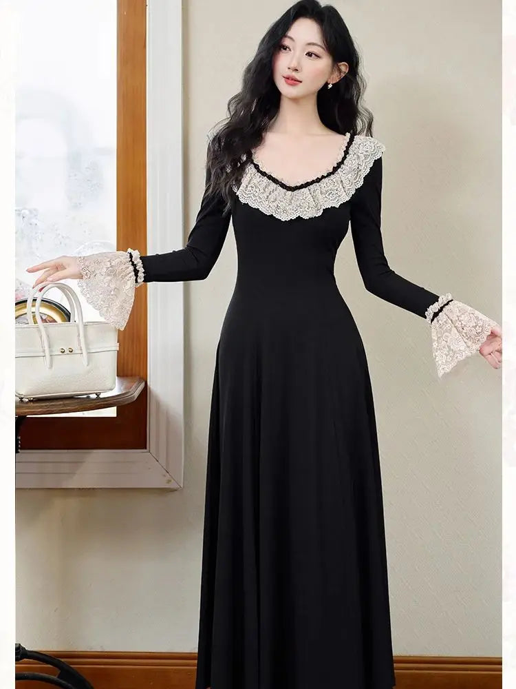 Vintage Black Knitted Basic Dress Woman Retro French Style Lace Collar Flare Sleeve Elegant Lady Long Dresses Vestido Negro