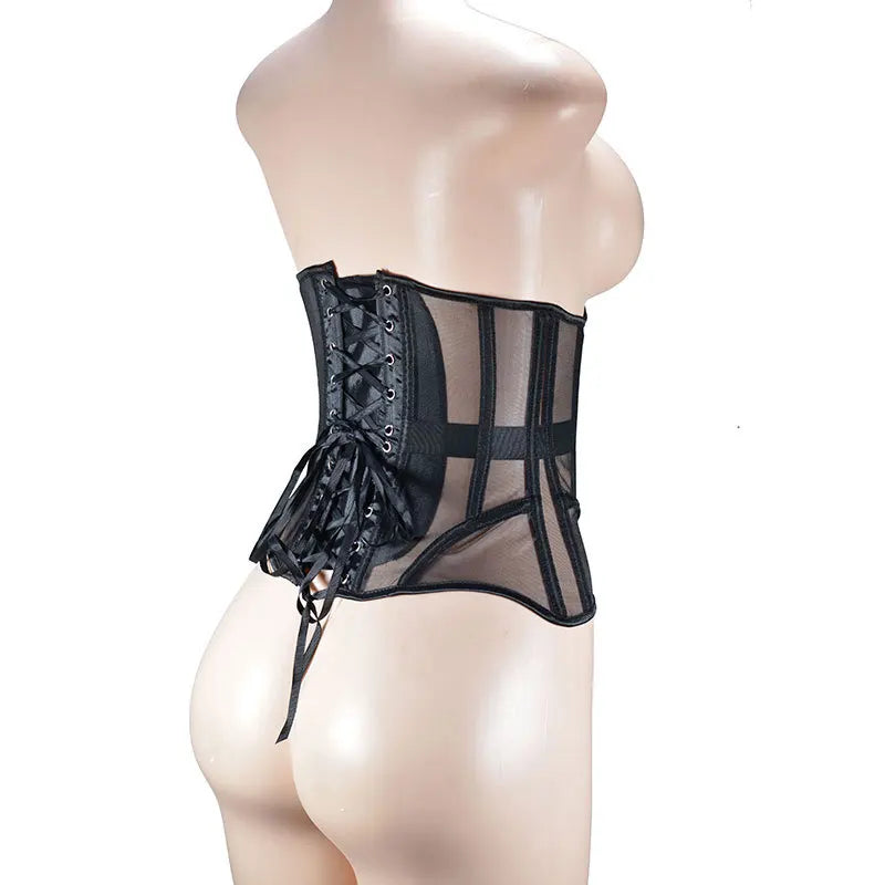 Women Abdomen Tight Corset Crops Under Bust Bustiers Breathable Mesh Waist Girdle With Bones Slimming Lace Up Bodices