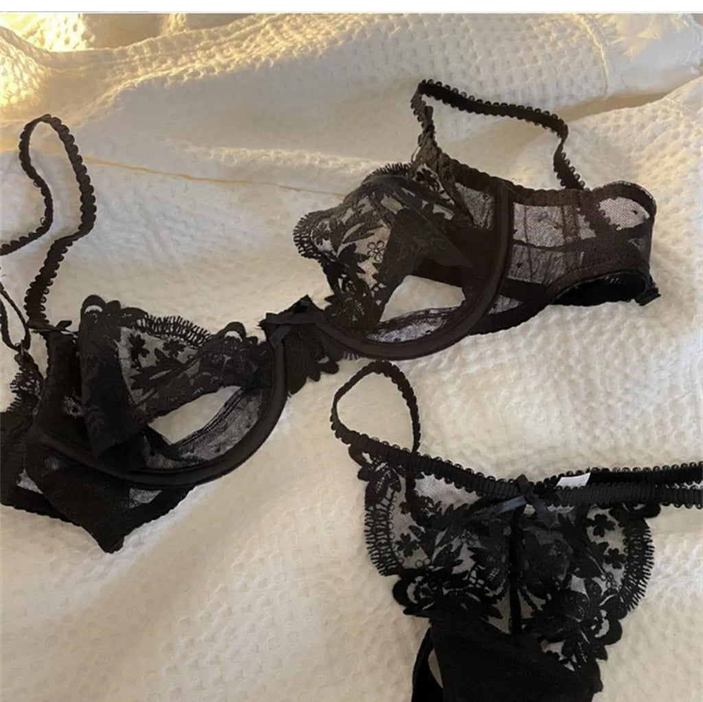The Jardin Floral Lace Bra & Brief Set | Push-Up Underwire 3/4 Cup | Lace Lingerie | Black & White | Parisian Princess