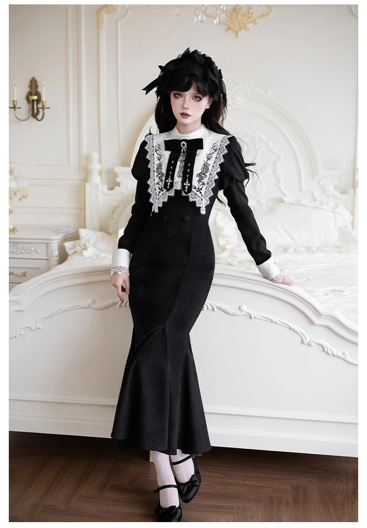 Original French Elegant Court Black Long Mermaid Dresses Op Autumn New Women's Slim Fit Lolita Long Sleeve Dress Gothic Dresses
