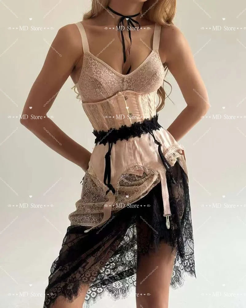 The Pink Contrast Noir Corset Dress | Vintage V-Neck Corset | Short Lace Celebration Mini | Parisian Princess