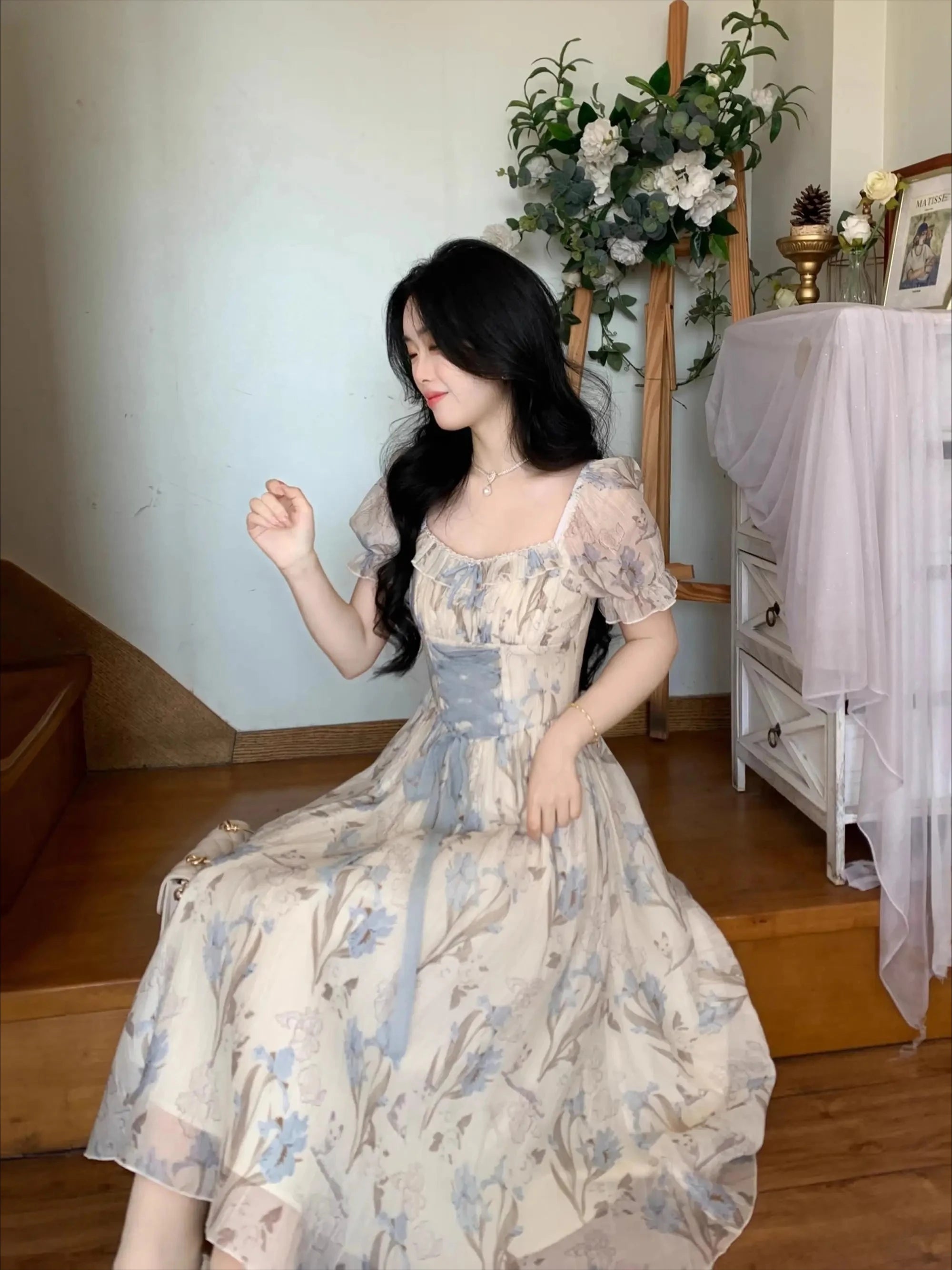 The Trianon Fairy Midi | Parisian Lace Puff Sleeve Princess Gown | Summer Fairycore A-Line Party Dress | Parisian Princess