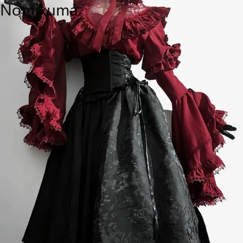 Lolita Style White Blouses Women 2025 Camisas De Mujer Patchwork Lace Flare Sleeve Shirt Y2k Tops Casual Fashion Japanese Blouse