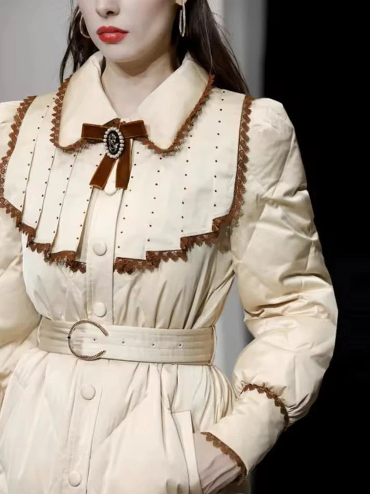 The Grand Trianon Gown Coat | Parisian Longline Bow-Waist Puffer | Elegant Doll Collar Lace-Up Down Jacket | Parisian Princess