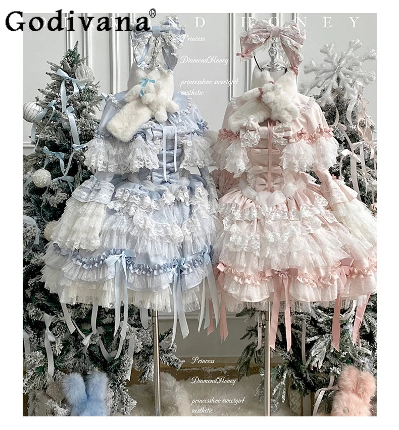 Pink Lolita Princess Dress Women's Bow Lace Heavy Industry Sweet Elegant Birthday Party Evening Dress Lady Suspender Dress Cloak