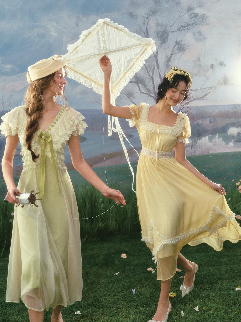 The Provence Lemon Lace Gown | Bubble Sleeve Countryside Midi | Waist-Cinching Princess Dress | Parisian Princess