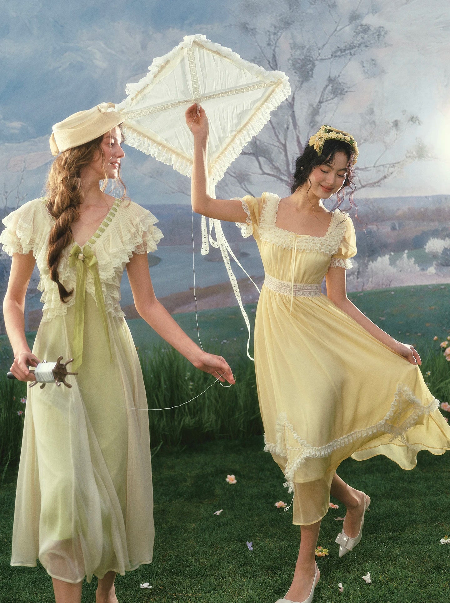 The Provence Lemon Lace Gown | Bubble Sleeve Countryside Midi | Waist-Cinching Princess Dress | Parisian Princess