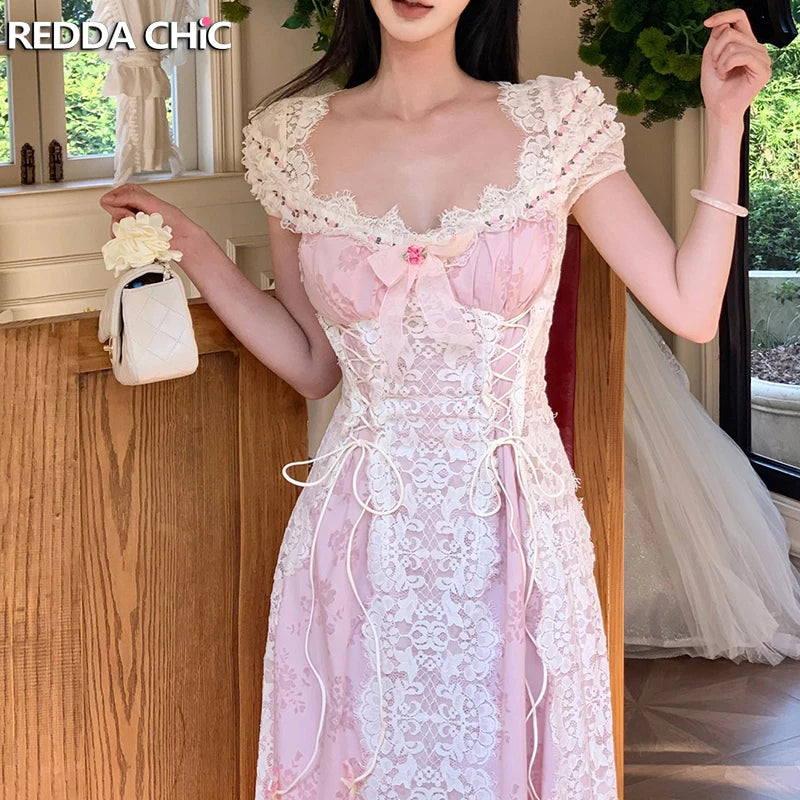 French Fairy Floral Long Party Dress Women Bow Lace-up Puff Sleeves Slim Midi Long Dress Ren Fair Medieval Victorian Costume