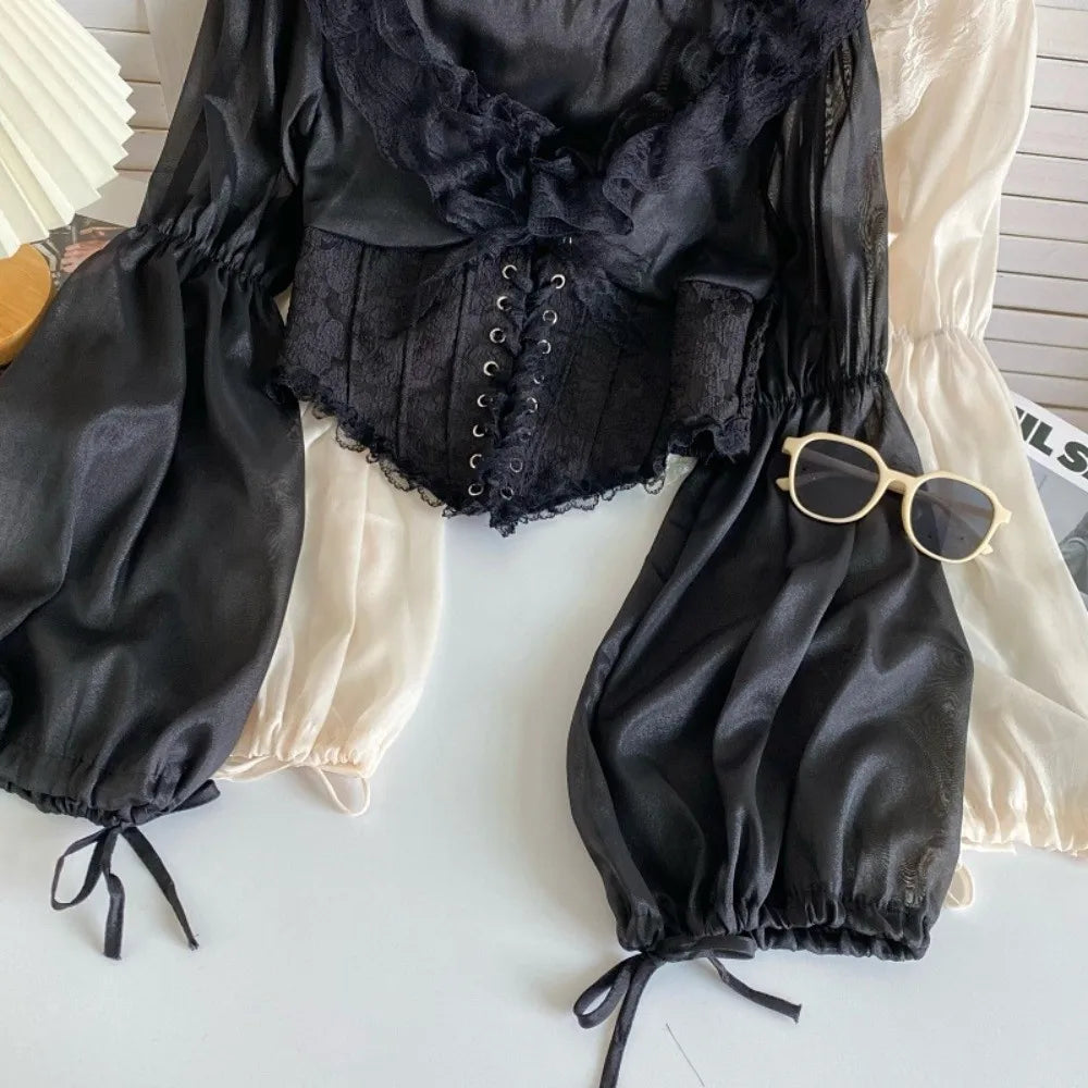 The Élodie Chiffon Manteau | Parisian Ruffled Lace Blouse | Retro Mesh Lantern Sleeve Top | French Riviera Vacation Blouse