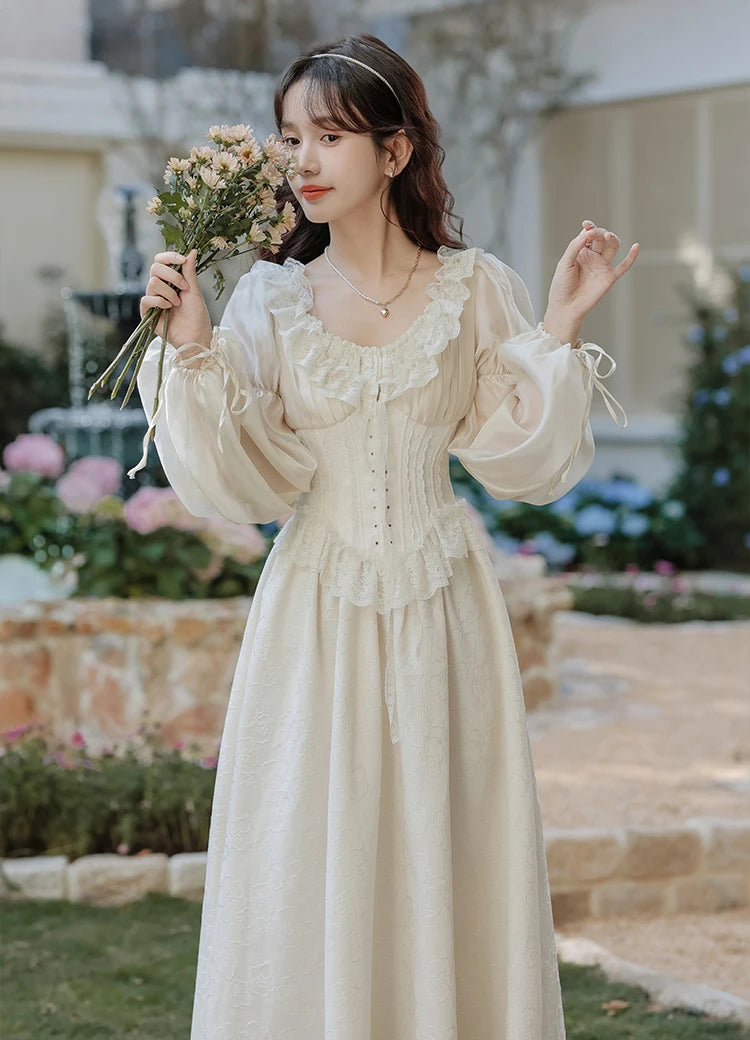 Retro French Court Fairy Princess Dress Woman Vintage Victorian Style Jacquard Lace Puff Sleeve Gatsby Dresses For Romantic Lady