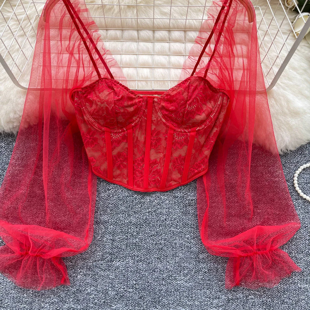 Women Chic Lace Mesh Sheer  Long Sleeve Backless Crop Top Solid Slim Parisian French Fashion Summer Women Shirt Square Collar