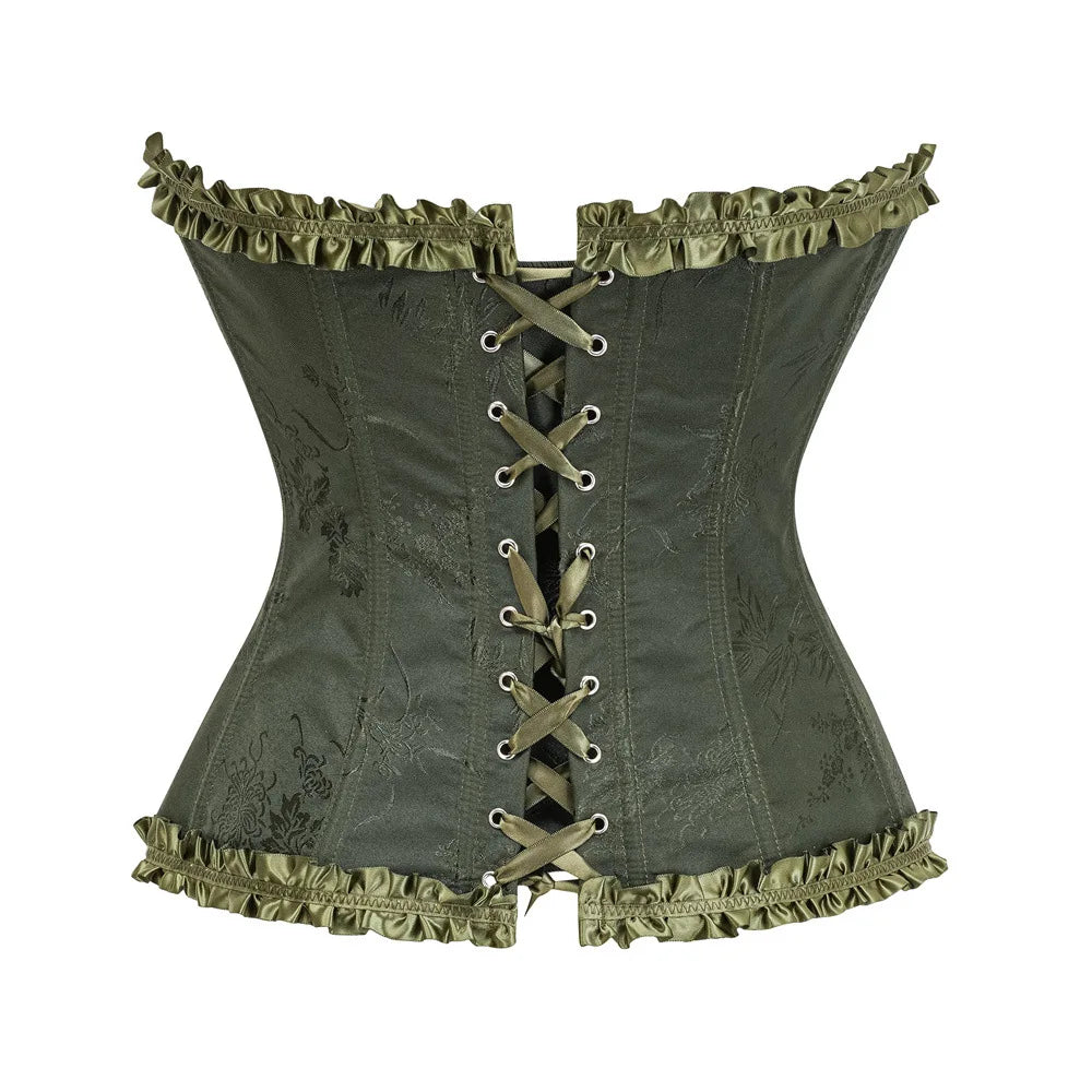 Yellow Jacquard Ruffled Trim Boned Sexy Overbust Push Up Bustier Top Corset Mujer Slimming Corsets For Women Sexy Gothic Clothes